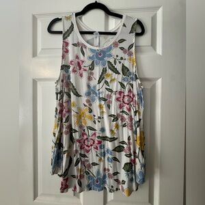 Old Navy White Floral Scoop Neck Tank Top with Pink, Blue & Yellow Flowers